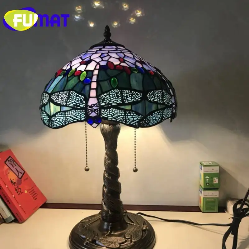 FUMAT Tiffany Table Lamp Stained Glass Vintage Style Villa Art Creative Decorative Table lamp Bedroom Learn Night Table lamp