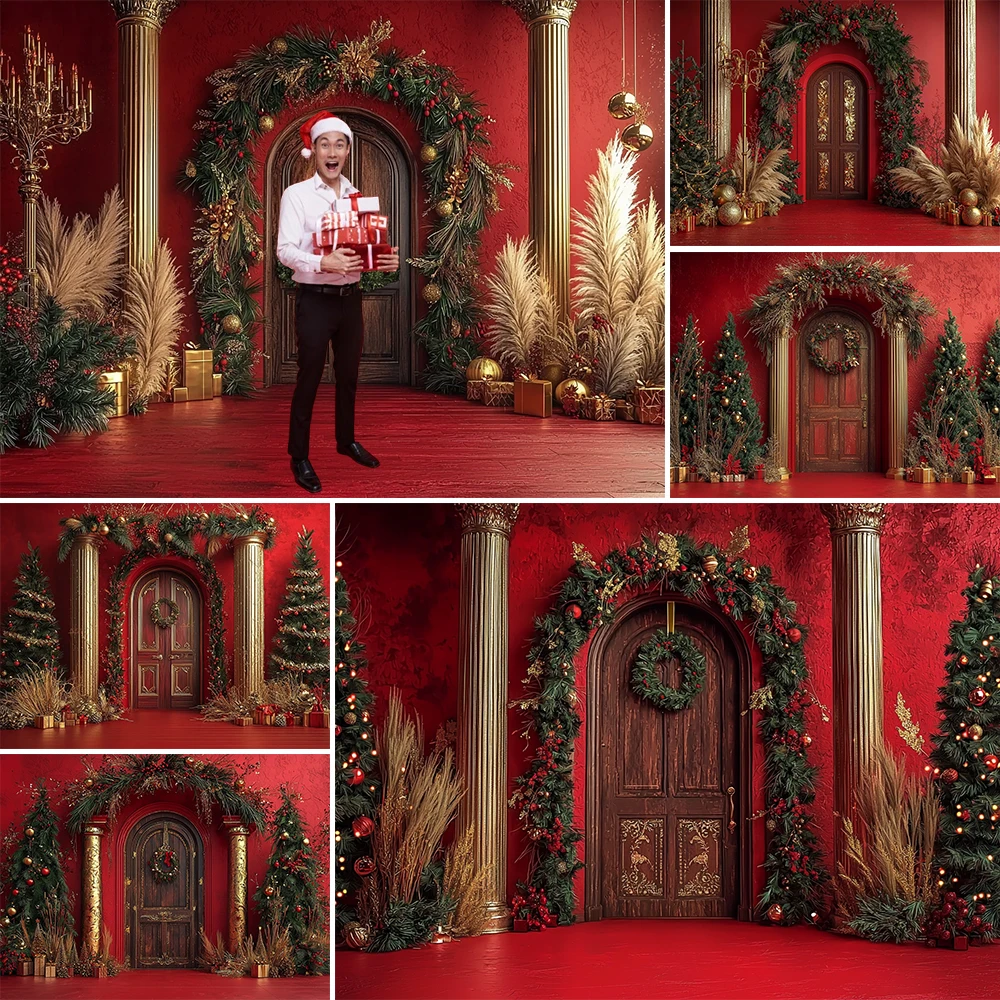 Christmas Photography Background Wooden Door Xmas Tree Garland Decoration Family Portrait Photo Backdrops Studio Props Banner