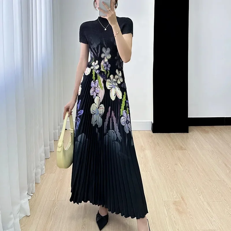 Women Summer Elegant Printed Short Sleeve Top +High Waist Pleated A-line Skirts Dress Sets Two Piece Set 2024 New Outfits