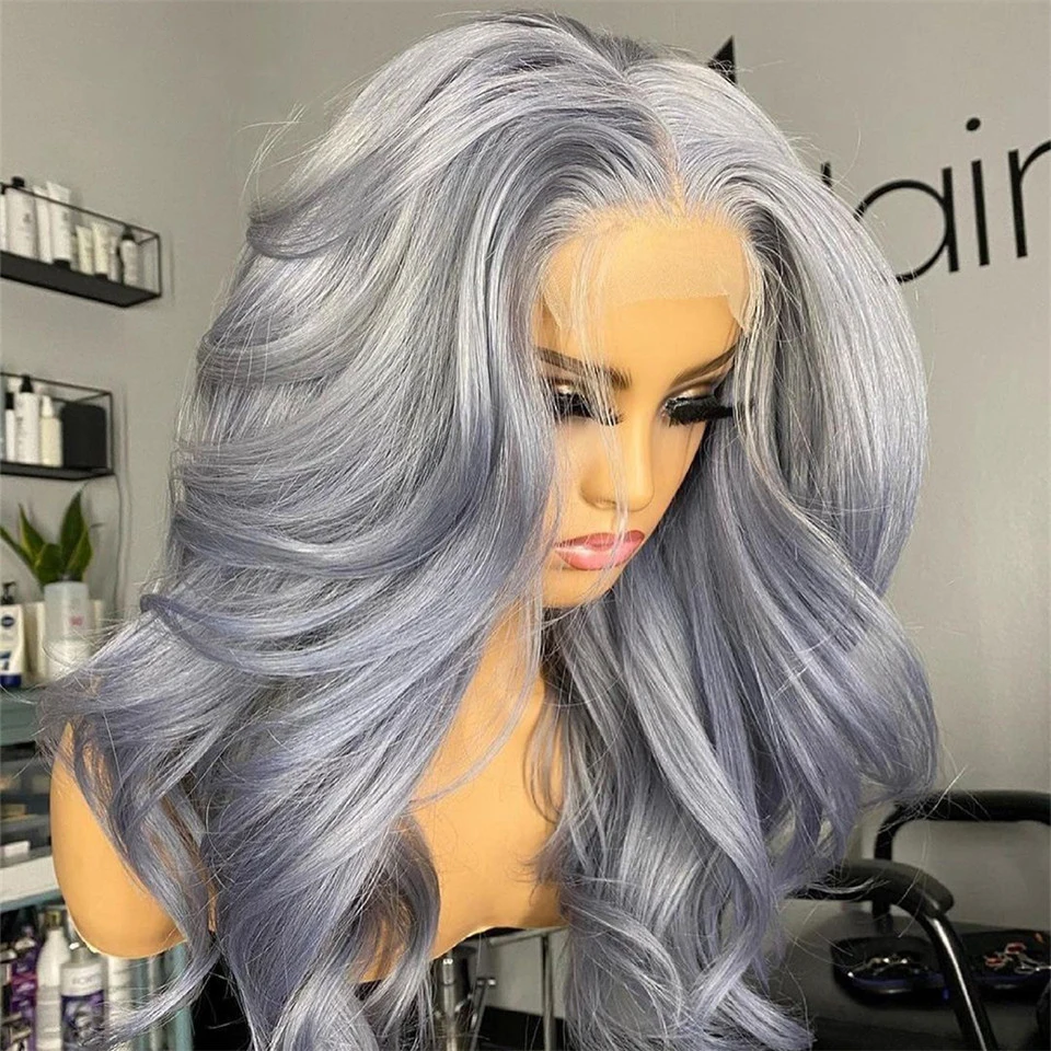 Grijs Synthetische Lace Front Pruik Hoge Temperatuur Fiber Hoge Dichtheid Body Wave Cosplay Pruiken Voor Zwarte Vrouwen Daily Wear