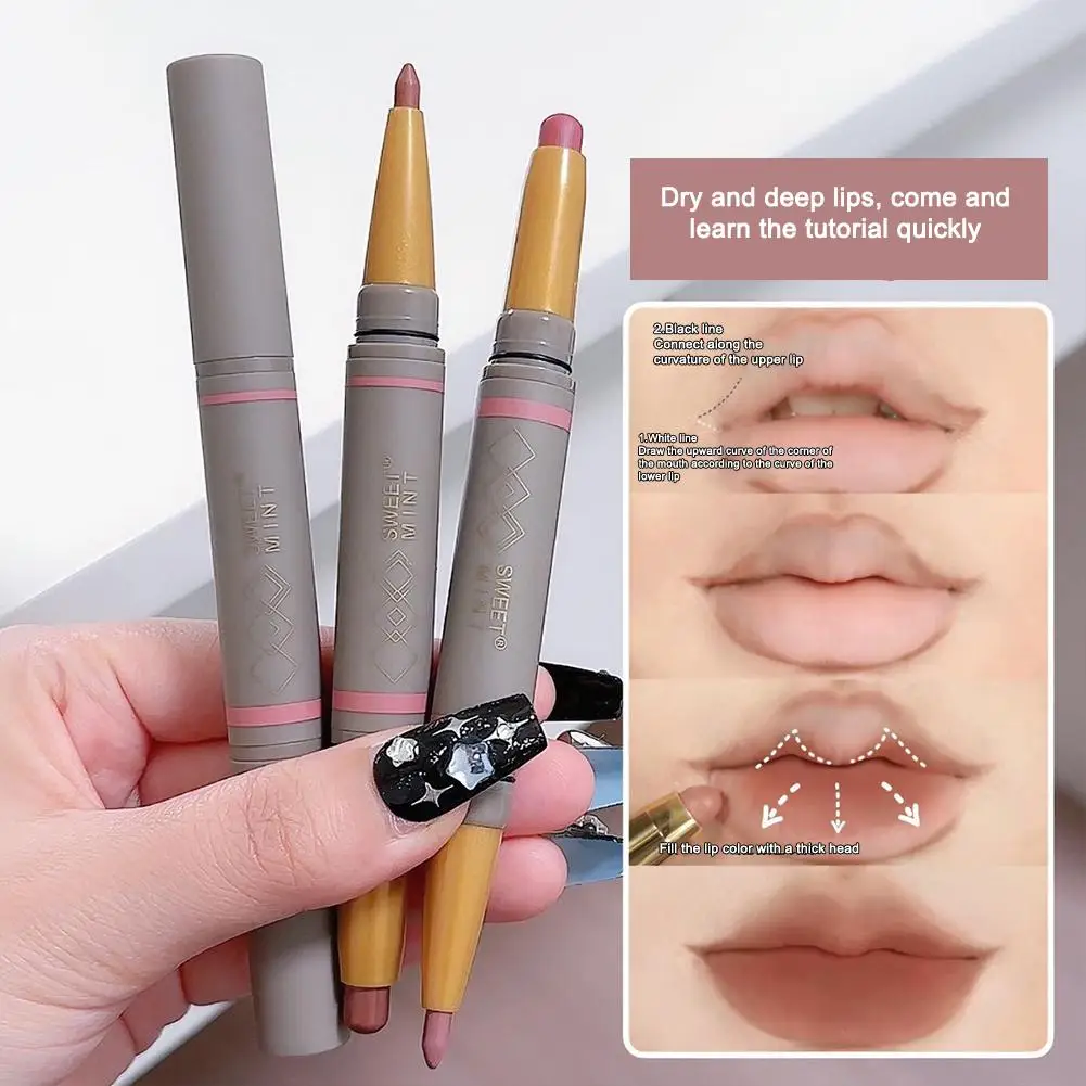 Lip Liner with Double Head Shadow Long-lasting Waterproof Outline Lip Balm Lips Pencil Lip Crayon Makeup for Women and Girls