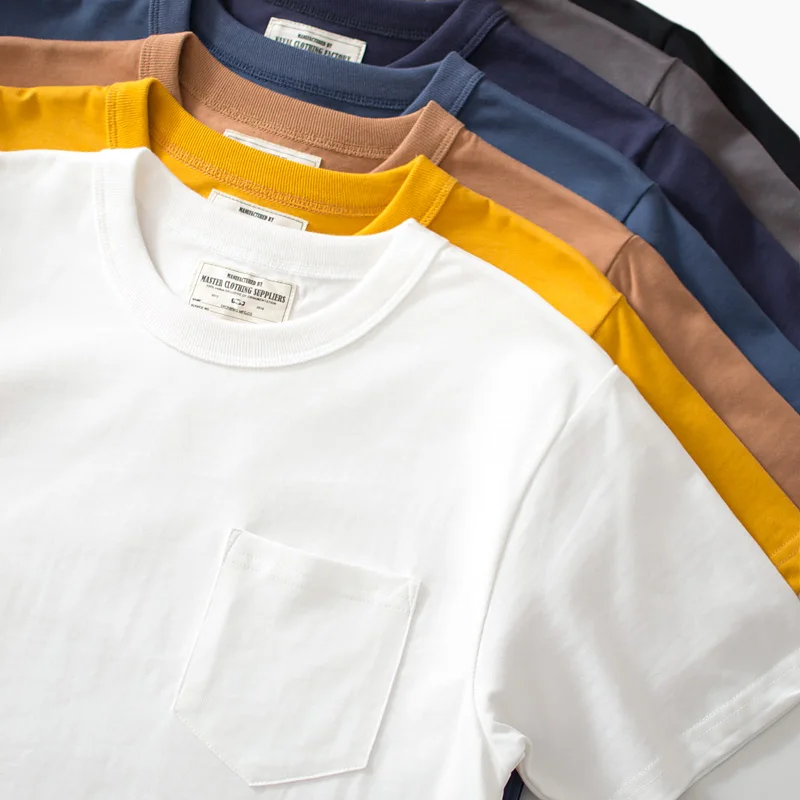 Retro American Style Cotton round Neck Pocket Tee Motorcycle Basic Short Sleeve Men's T-Shirt Breathable Casual Summer Top