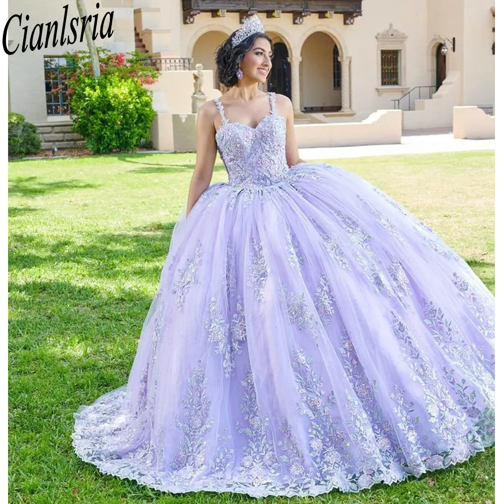 Lilac Spaghetti Strap Ball Gown Quinceanera Dress With Cape Floral Appliques Lace Corset Vestidos De XV Años