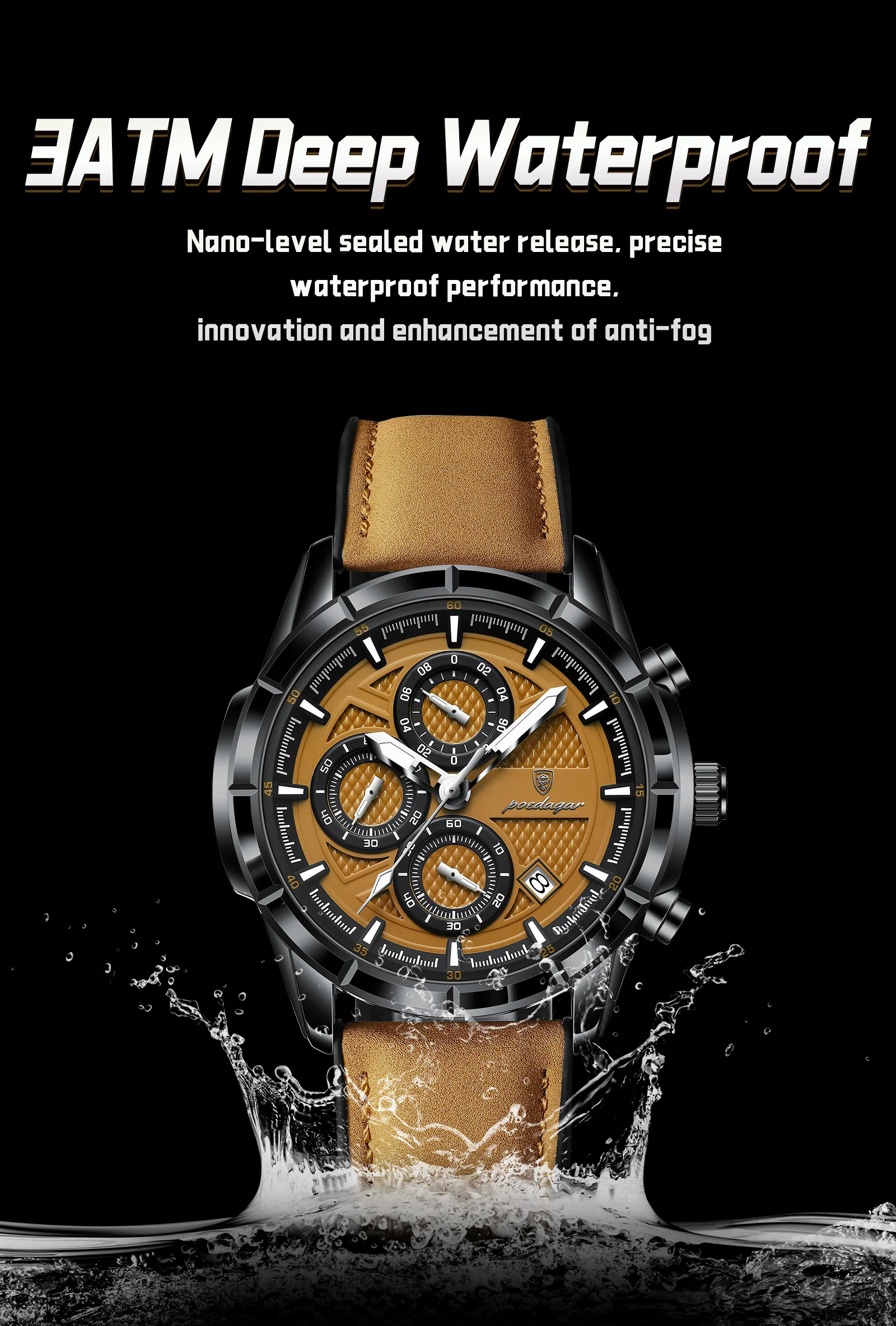 POEDAGAR Top Vintage Herren Armbanduhr Quarz Mode Leder Herrenuhren Datum Chronograph Wasserdicht Leuchtend Business Herrenuhr – Detail 9