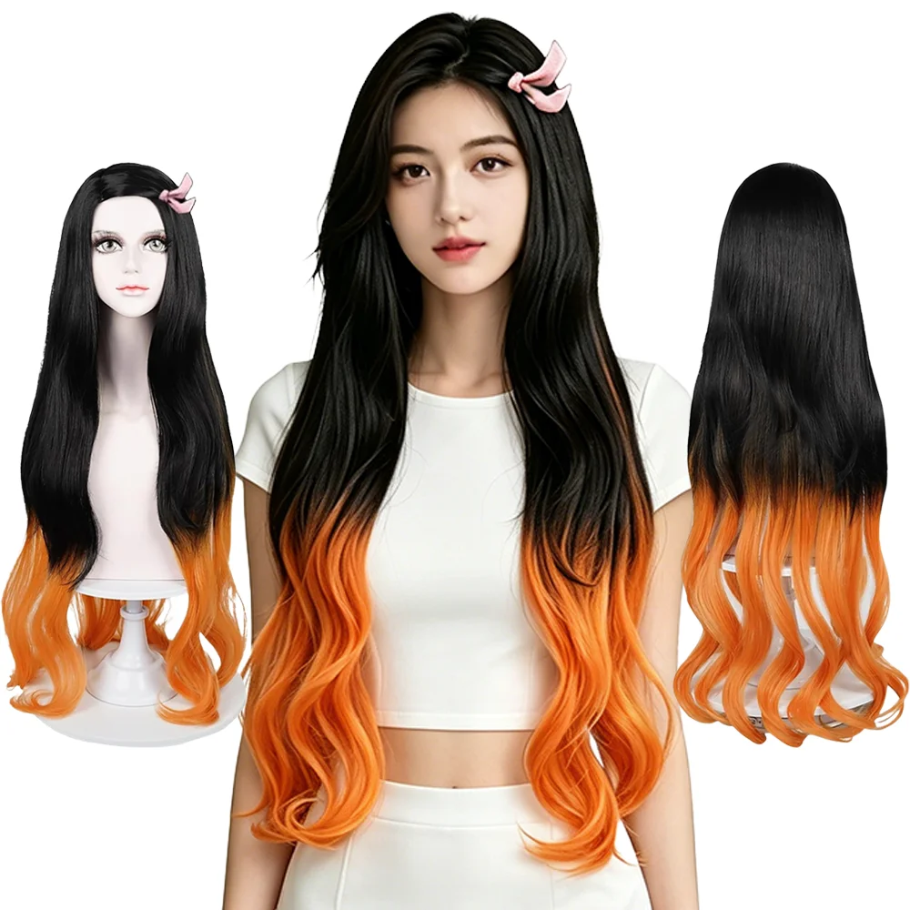 Kamado Nezuko Cosplay Wig Black Orange Gradient Long Wavy with Pink Hair Accessory Heat Resistant Synthetic Anime Wig For Women
