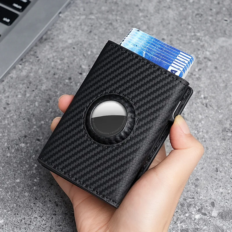 

Auto-Pop Aluminum RFID Wallet with AirTag Tracking & Carbon Fiber Design - Slim Secure Card Holder