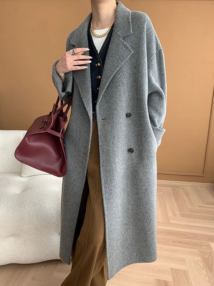 LANMREM Elegant Double Sided Woolen Coat Women\'s Lapel Solid Color Belt Gathered Waist Coats 2024 Autumn Winter New 2Z3053