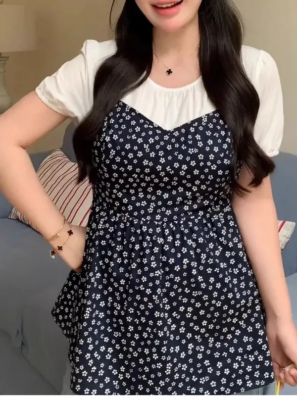 

Женская кружевная блузка больших размеров с коротким рукавом в стиле Pure Desire, летняя новинка, очень красивый топ в корейском стиле, для повседневной носки, с завышенной талией