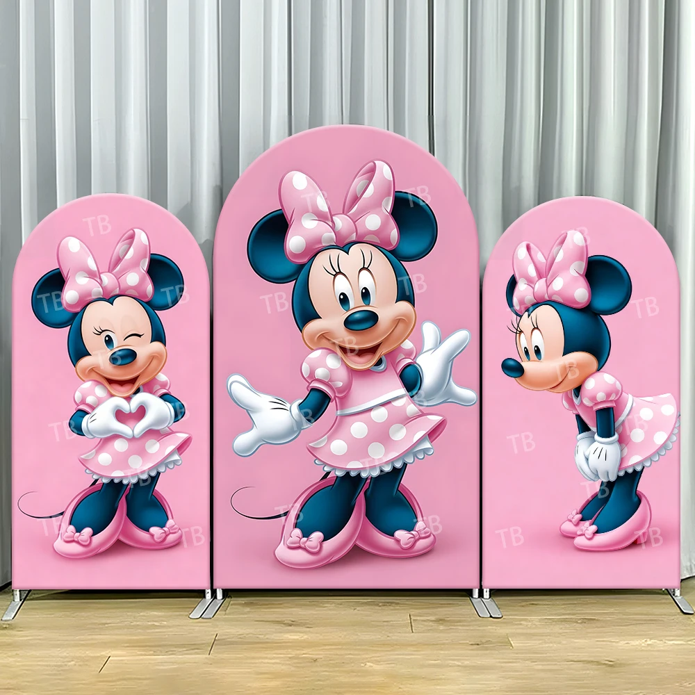 

Minnie Mouse Pink Polka Dot Arch Backdrop Cover Heart Gesture Scene For Kids Birthday Party Cute Cartoon Theme Photo Booth