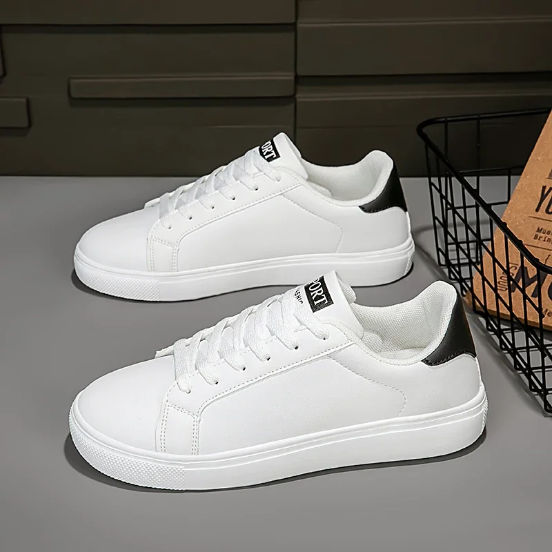 

Men Board Shoes Casual Shoes Lace Up White Sneakers Flat Female White PU Leather Walking Thick Sole Outdoor Luxury Fashion