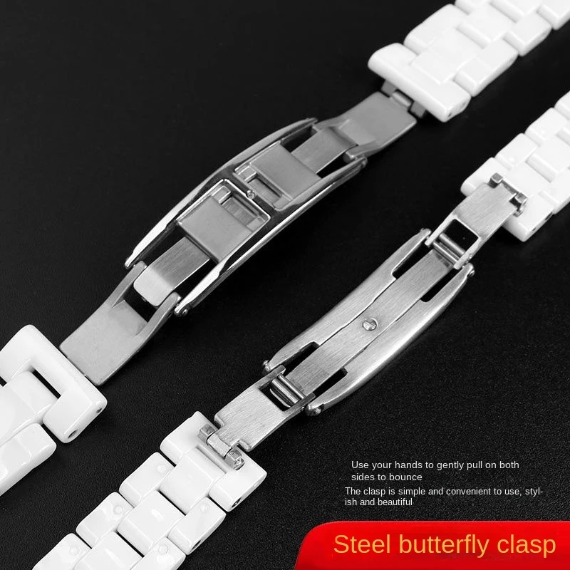 Pearl Ceramic Watch Strap For CHA-N-EL Men and Women Couples Watch Chain with Case bezels Raised Mouth Bright Black and White