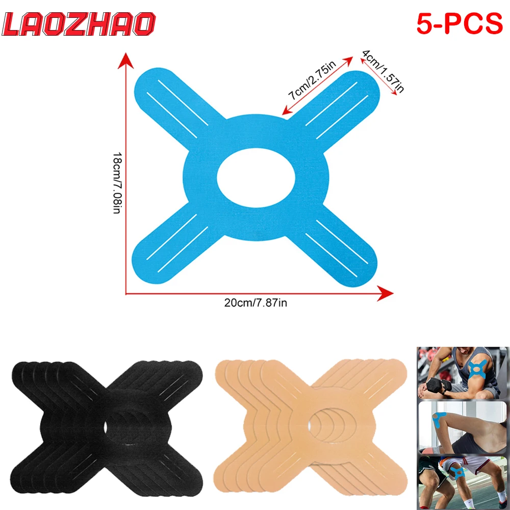 5 Stück Kinesiologie-Tape für Knie – vorgeschnittenes X-förmiges Sport-Tape zur Linderung von Arthritis – wasserdicht und latexfrei (Schwarz/Beige/Blau)