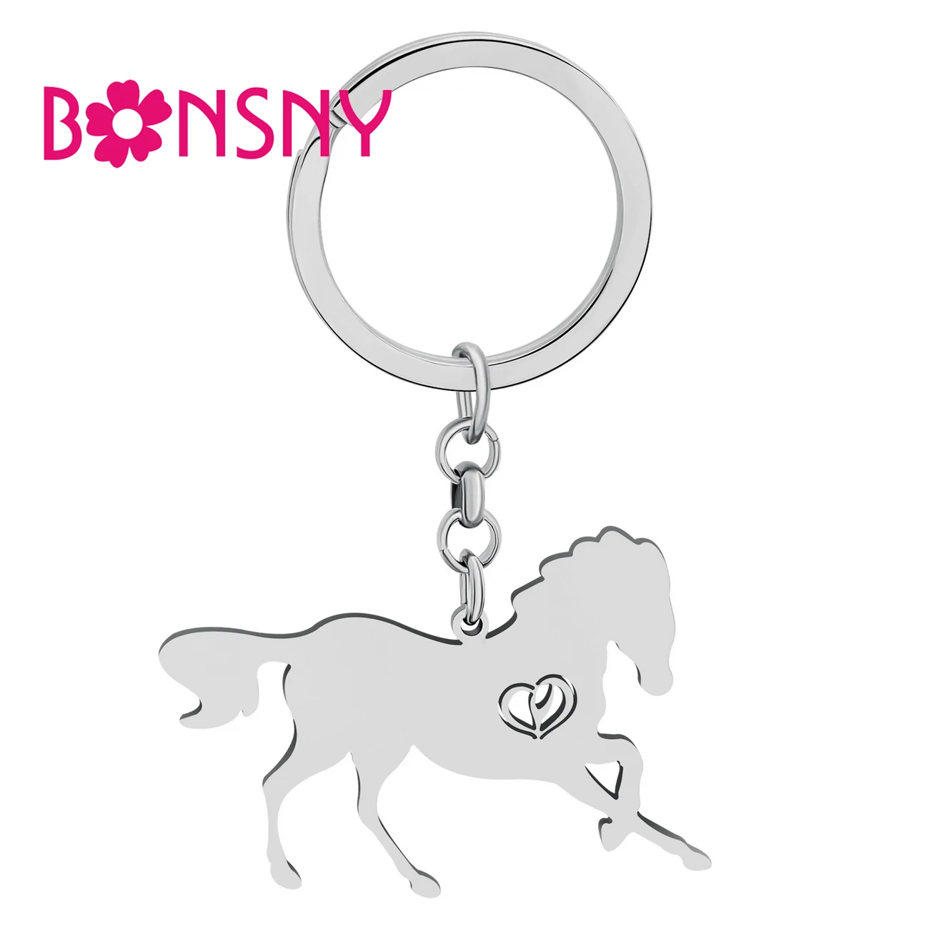 Bonsny Keychains Stainless Steel Silver-plated Horse Key Ring Handbag Metal Holder Charms Animals Jewelry For Women Gift