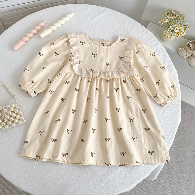 

Girls Baby Dress Cotton Bow Print Lace Long Sleeve Children Spring Autumn Western Style Dress