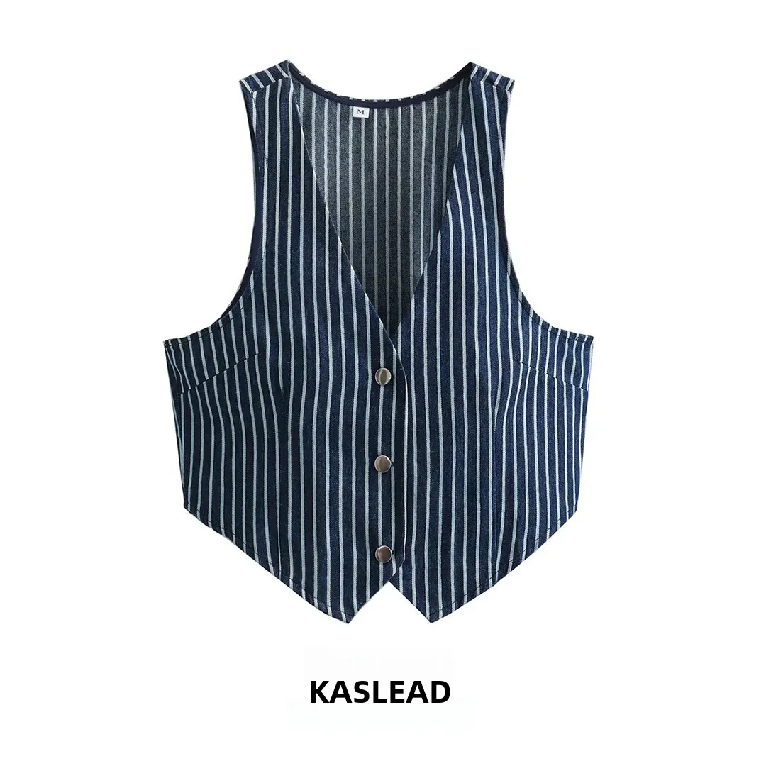 

KASLEAD New Women's Fashionable Simple Stripe Denim Vest Short V-neck Single-button Polyester Summer Top Quality Ladies' Vest