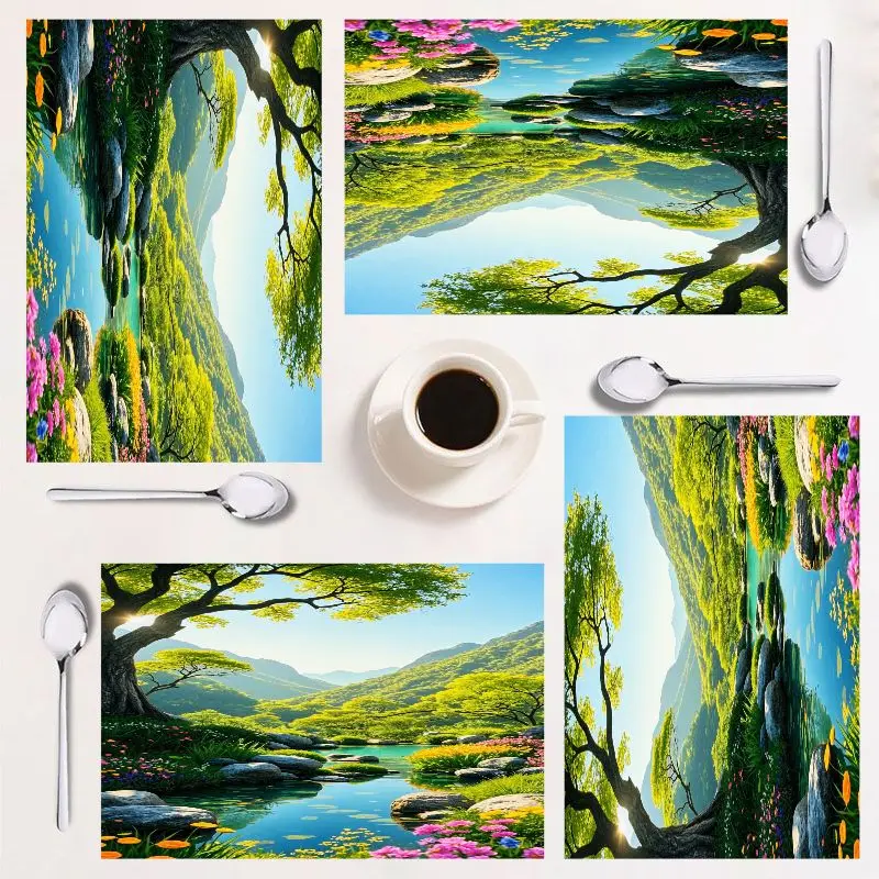 

Набор подставок из 4 предметов, яркий пейзажный дизайн, легко чистится, прямоугольный домашний декор, 12×18 дюймов, идеально подходит для праздников.