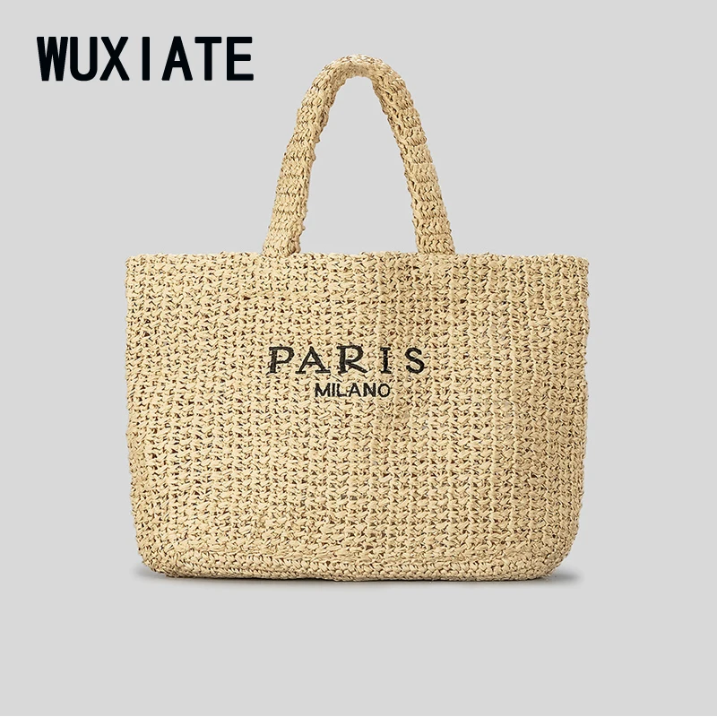 

WUXIATE Fashion Large Capacity Straw Tote Bag Designer Letters Women Handbags Handamde Woven Summer Beach Bag Casual Bali Purse