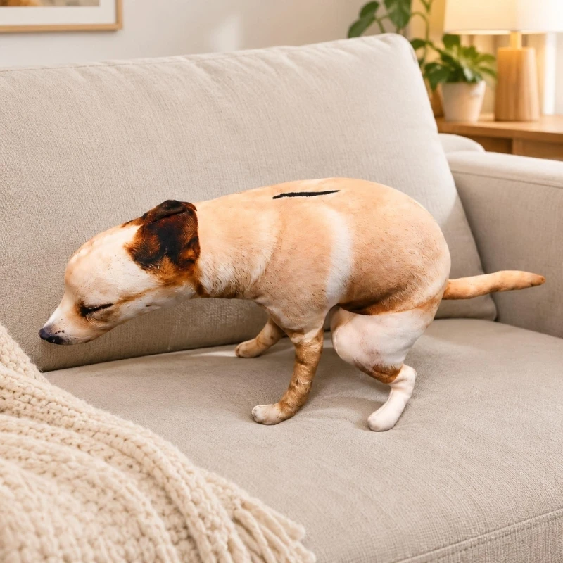 Whimsical 3D Pooping Dog Throw Pillow with a Short Furry Fabric, Sculpting Ears, Four Legs, and Extended Tail for Desk 87HA