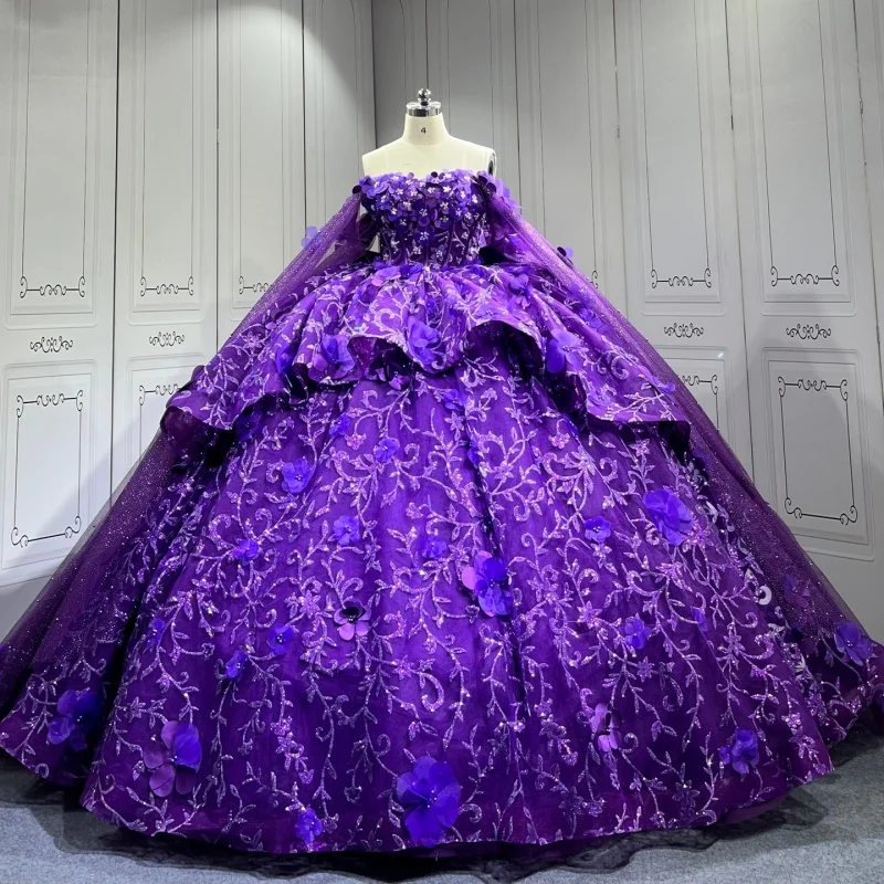 

Блестящее фиолетовое платье для квинсеаньеры с открытыми плечами, с кристаллами, многослойное, с 3D цветами, длинным шлейфом, Vestido De 15 Quinceanera, на заказ