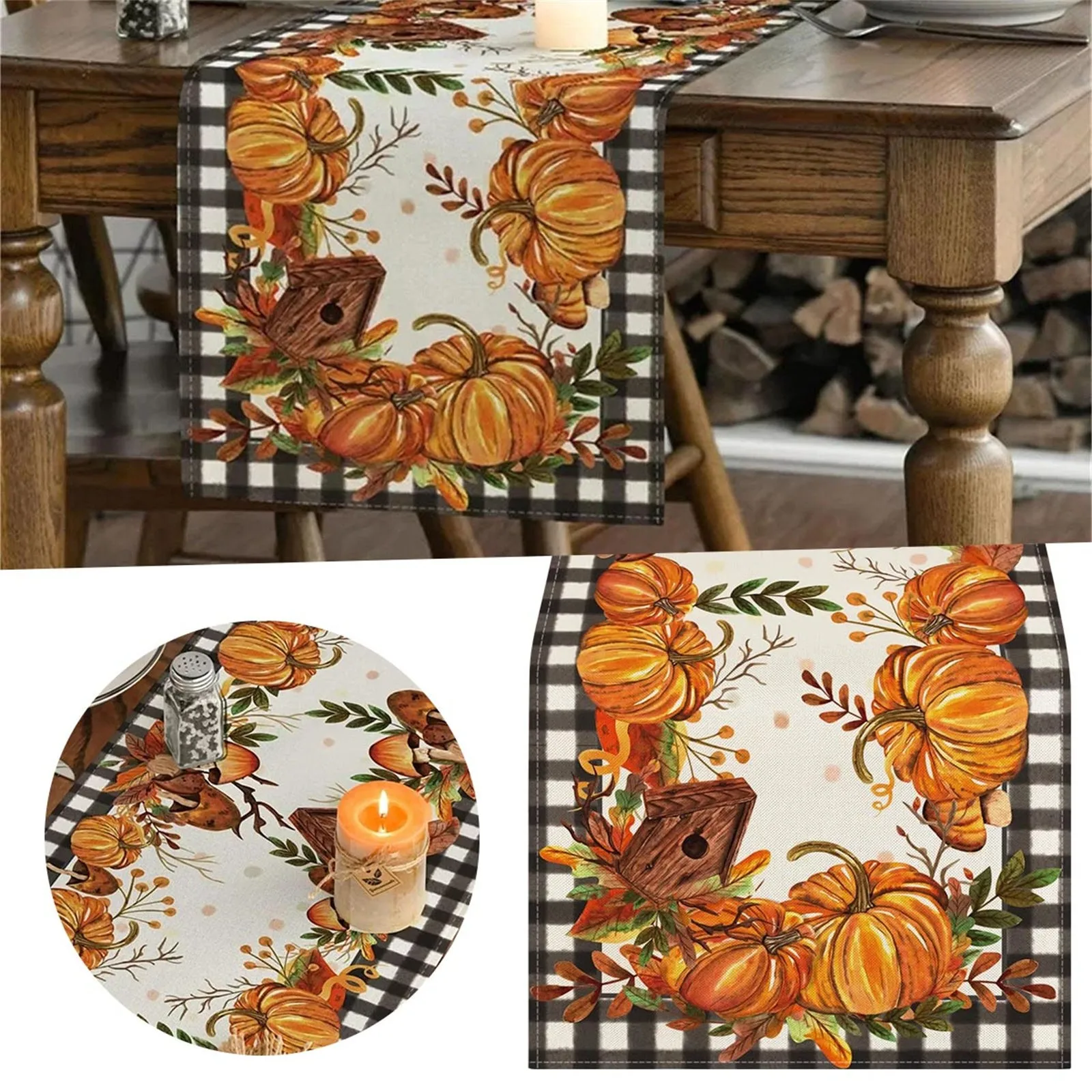 

2024 Autumn Pumpkin Maple Leaf Table Flag Retro Washable Tablecloth Thanksgiving Harvest Home Kitchen Dining Party Decor