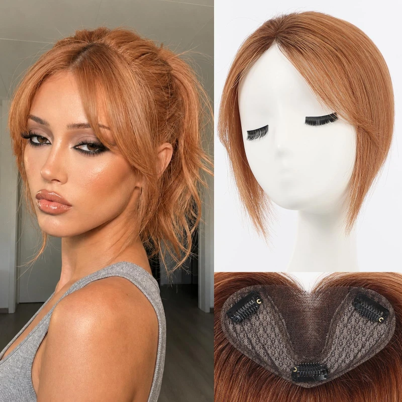 100% Real Remy Human Hair Topper for Women Ginger Copper Human Hair Bangs Clips in Hair Bangs with Upgrade Hand-tied Lace Base