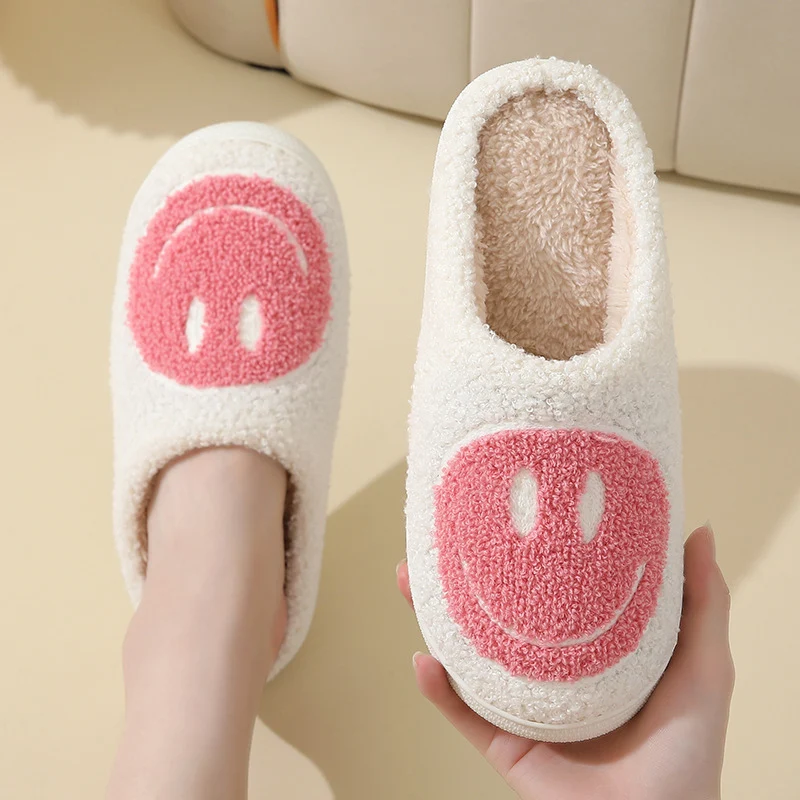 Lucyever Smile Face Cotton Slippers Women 2024 Cute Thick Sole Anti Slip Home Shoes Woman Winter Keep Warm Couple Sldies Indoor