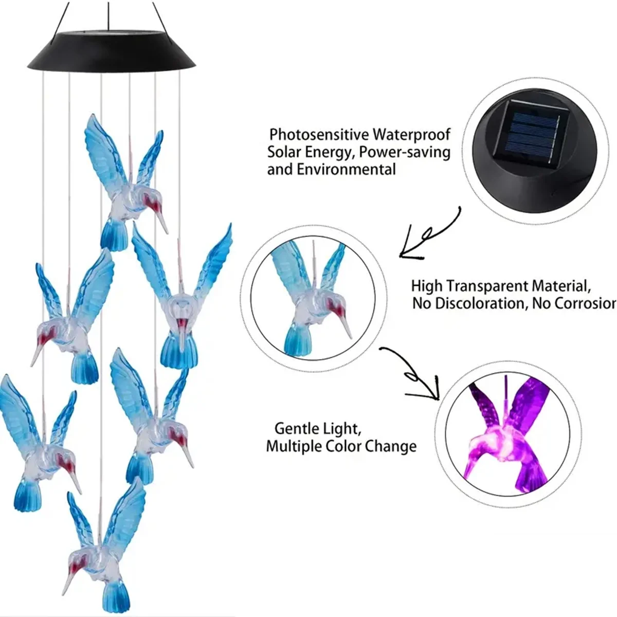 1pc Solar Wind Chimes Color Changing Outdoor Solar Hummingbird Lights 6LED Wind Chimes Solar Powered Lights For Garden Decoratio