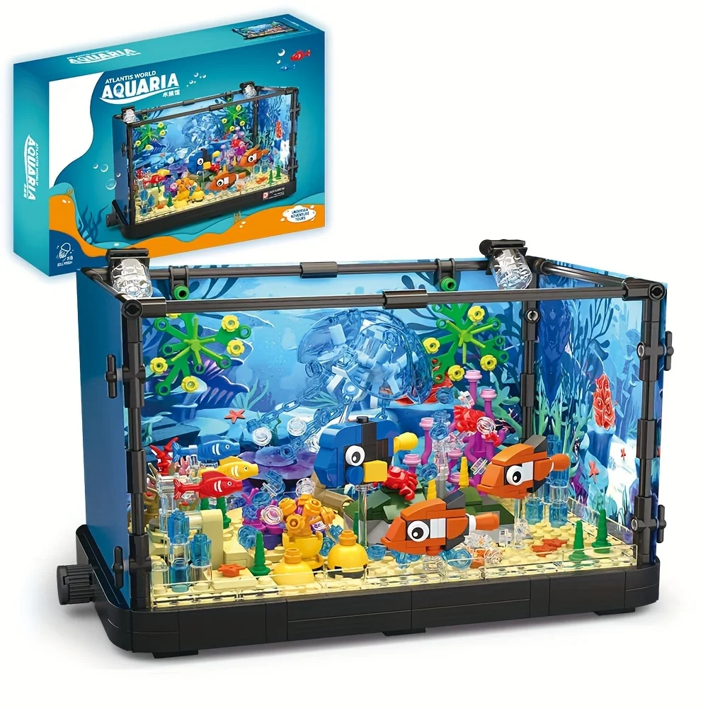 

Fishbowl Fish Tank Block Set with Lights Aquarium Marine Life Shark Turtle Eco Tank Block Playset for Kids Gift for Ocean Lovers