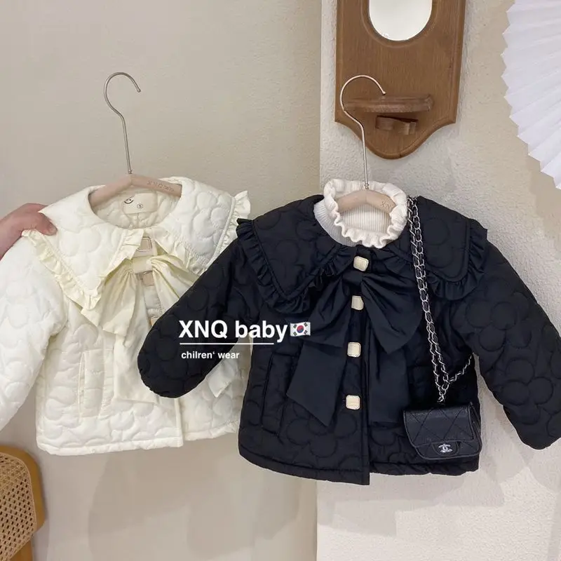Girls Winter Coat 2026 New Fleece Lined Cotton Padded Jacket Kids Stylish Turn-Down Collar Outerwear