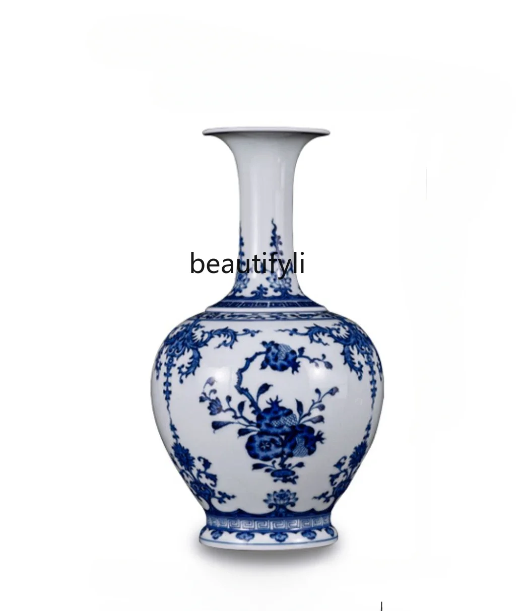 Blue and White Hand Drawn Vase Jingdezhen Ceramic Living Room Entrance Desktop Decoration Decorating Vase Decoration