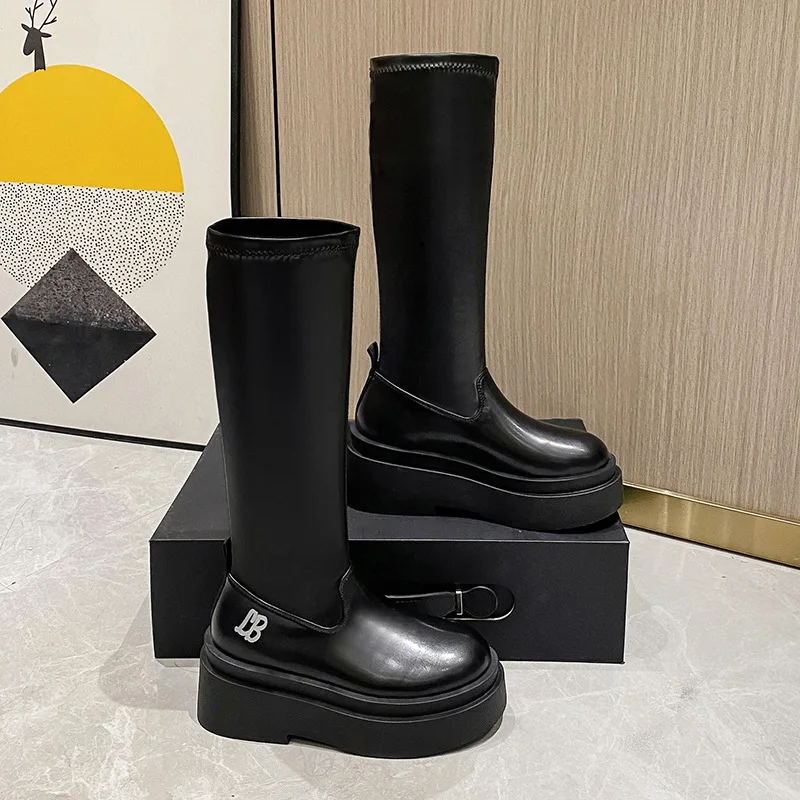 

Women Knee High Boots Women's Zip Leather Buckle High Boots Woman Low Heels Ladies Buckle Belt Female Shoes Gothic Shoes