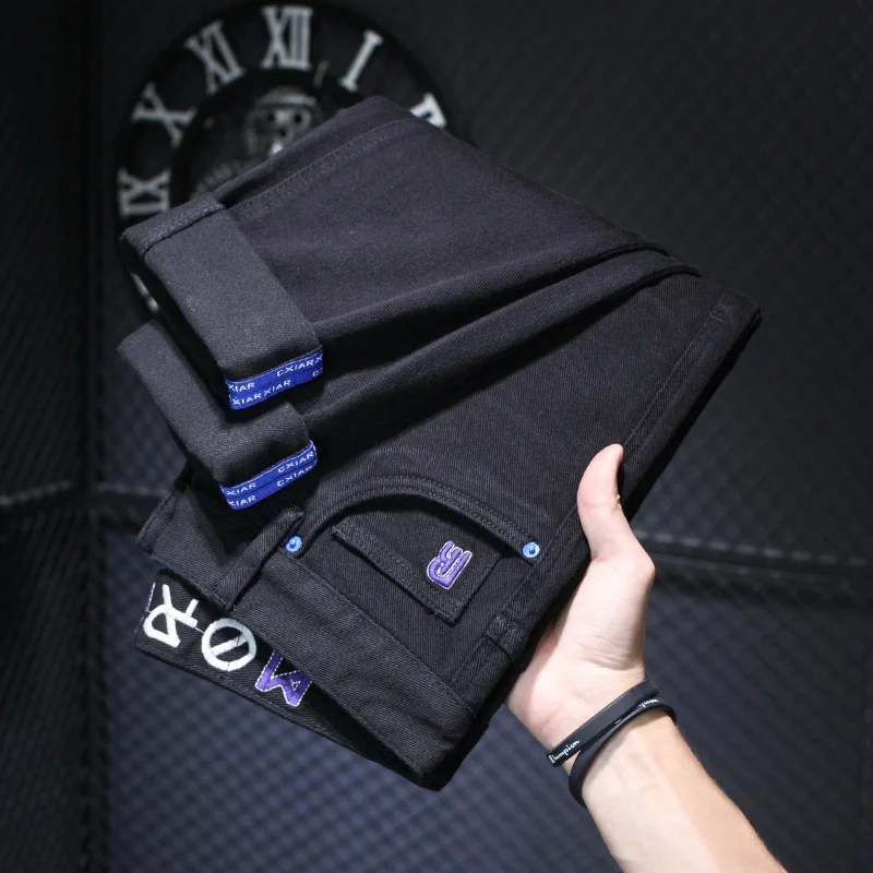 Black Slim Jeans Men's Autumn and Winter Embroidered Men's Fashion Versatile Youth Stretch Casual Simple Straight-Leg Pants