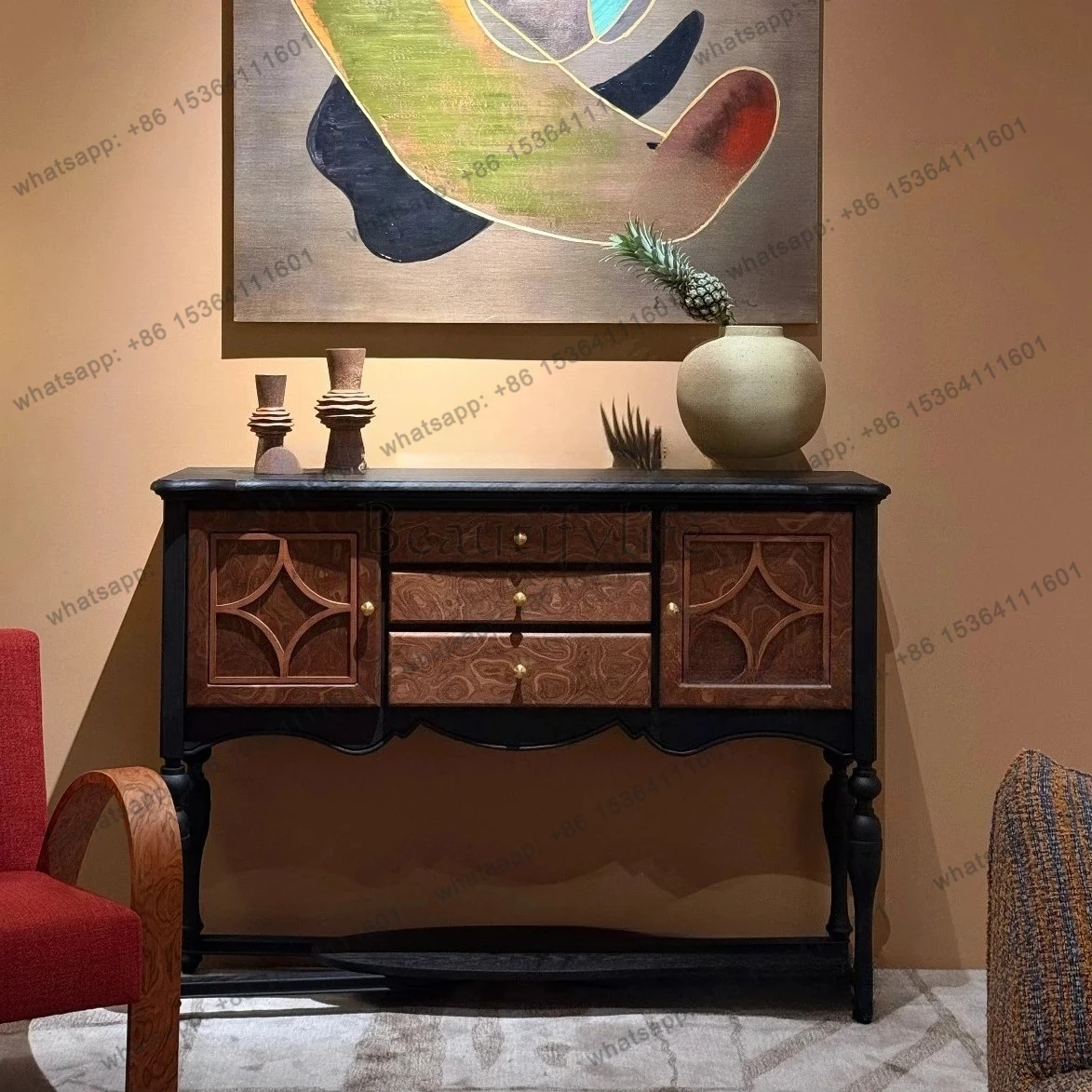 

French retro solid wood porch cabinet, living room entrance hall cabinet against the wall, designer decoration, antique dining s