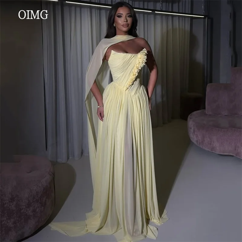 

OIMG Elegant Yellow Strapless A Line Prom Gowns Cap 3D Flowers Pleated Party Gown Floor Length Evening Dress Customized