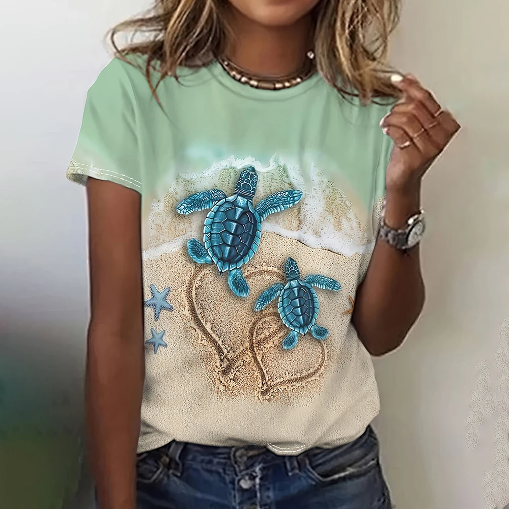 Camisetas con estampado 3D de tortuga para mujer, ropa de calle informal Harajuku, camiseta de manga corta para mujer, camisetas con cuello redondo, ropa de verano