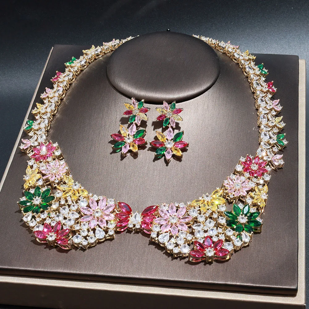 

European and American Style New Gorgeous Colorful Flower Set Necklace Earrings Women's Wedding Holiday Jewelry Gift M-1010
