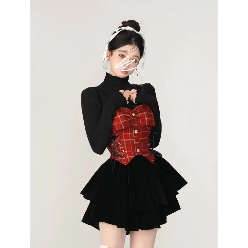 2024 Latest Fashion Slim Long Sleeve Solid Color Top＋Sweet Girls Bow Plaid Halter Pleated Skirt Party Club Dress 2 Pieces Sets