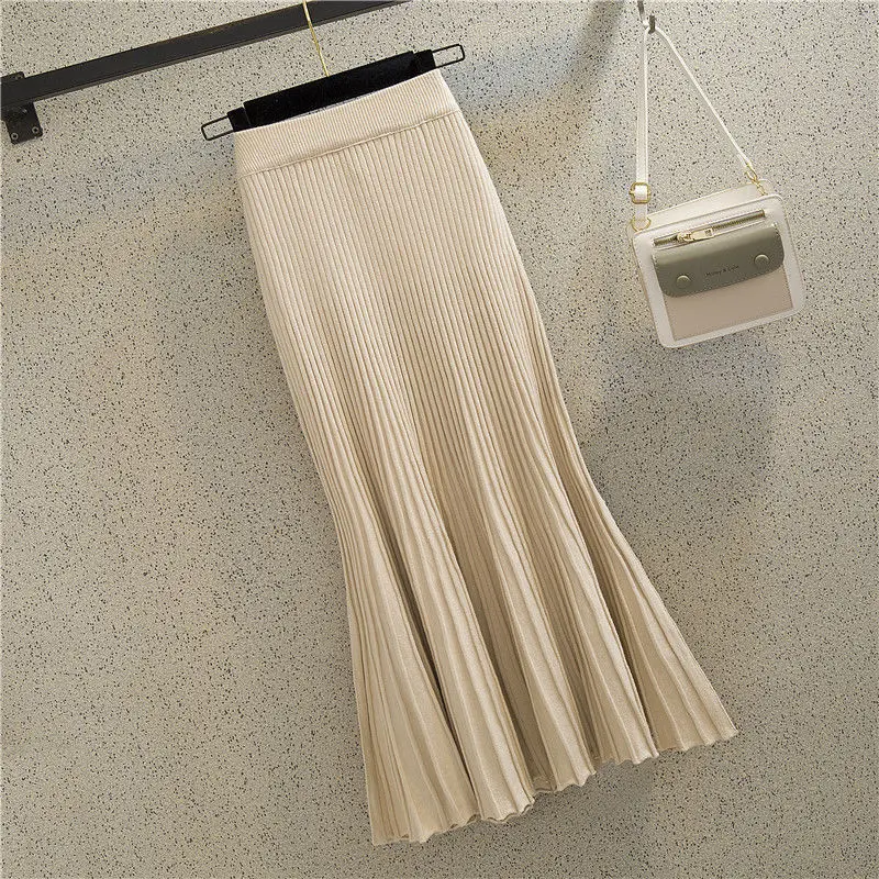 

Knitted fishtail skirt women mid-length autumn and winter 2023 a-line high waist bag hip casual solid pleated skirt female