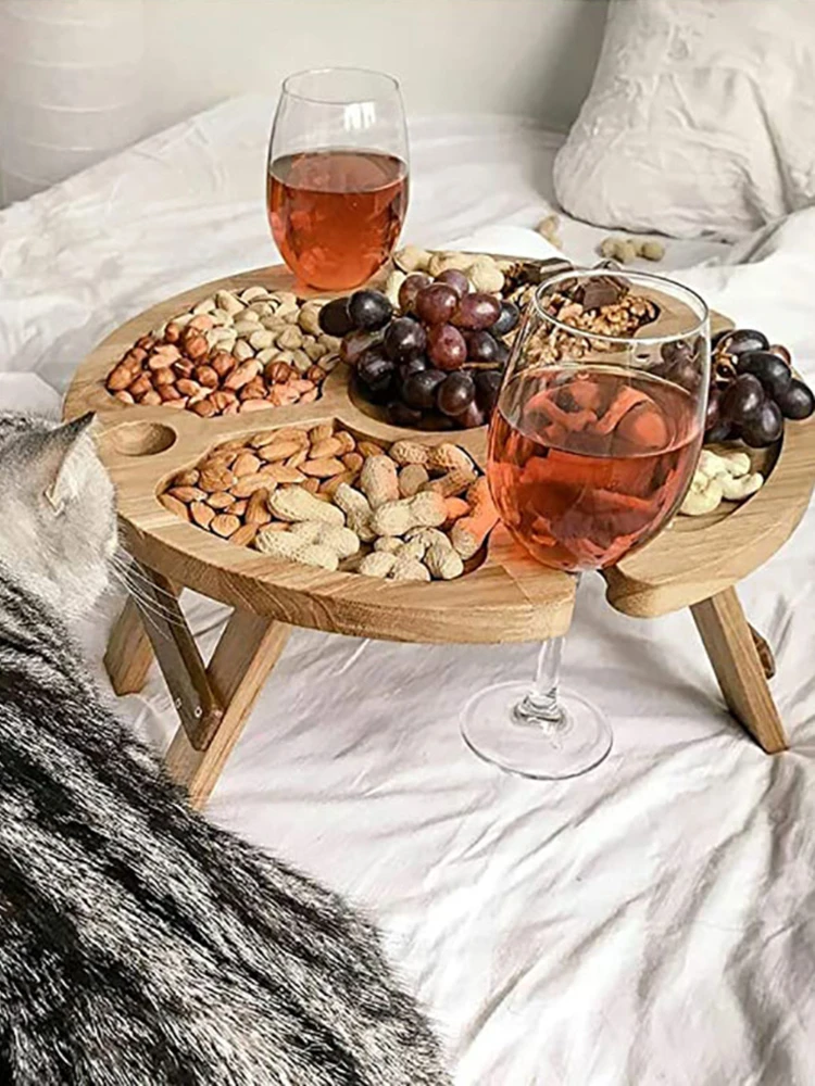 

Wooden Folding Picnic Table with Wine Glass Holder Camping Cheese Board Tray Foldable Snack Table Wine Rack Tourist Fruit Table