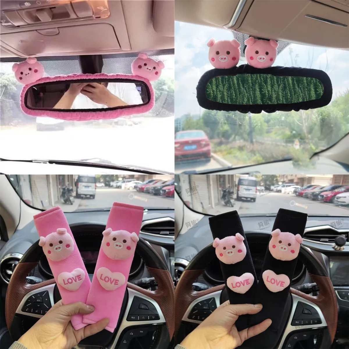 Cartoon Pig Car Mirror Cover Universal Stretch Soft Plush Auto Interior Rearview Mirror Case Decor Accessories Women