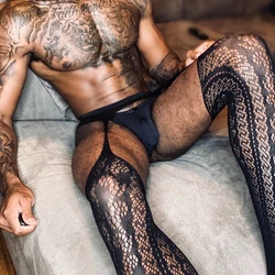 Sexy Mens Pantyhose 1* With Open Crotch Bodysuits Breathable Elastic Fishnet Garters High Stretch Pajamas Sissy