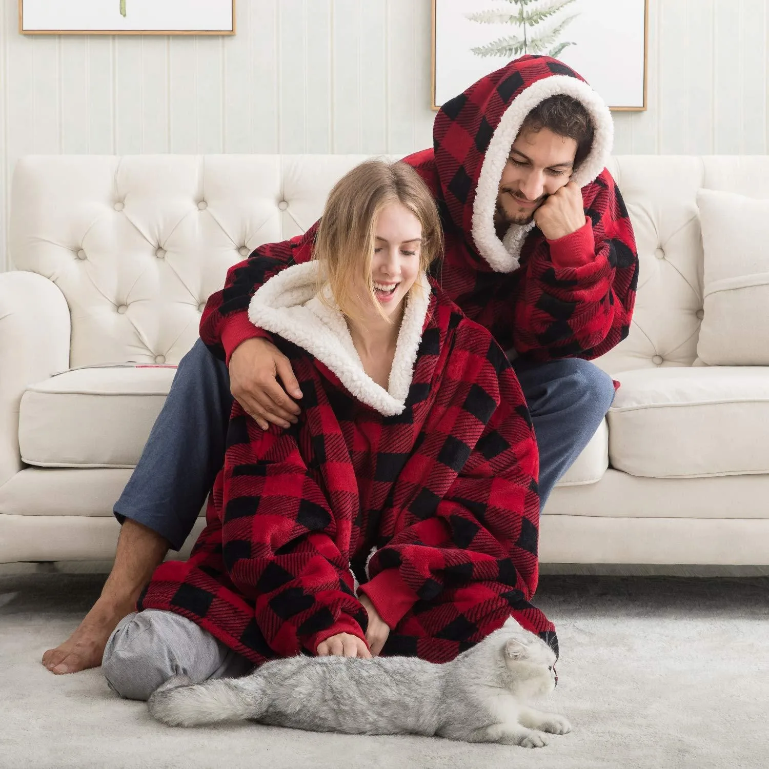 Wearable Hoodie Blanket, Double Layer Sherpa Lined Oversized Flannel Blanket Hoodie with Big Pockets, One Size Fits All
