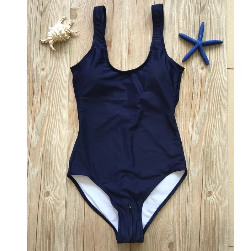 Hot Sexy Zipper Japanese Solid Sukumizu School swimsuit One Pieces Black Blue Slimming Swimsuit women Shoulder bathing suit