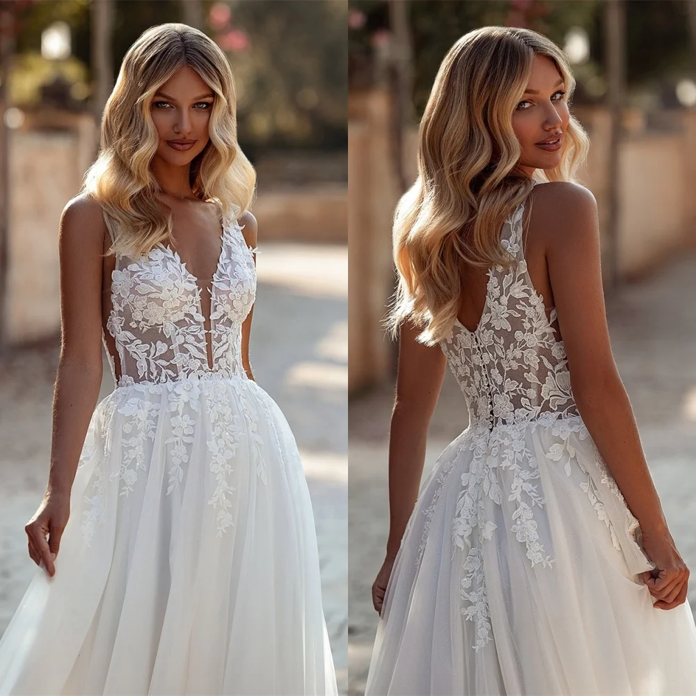 Suknia Ślubna z Białej Organzy na Zamówienie, Bez Ramiączek, na Cienkich Ramiączkach, z Guzikami na Plecach, Nowoczesna, Vestido De Novia