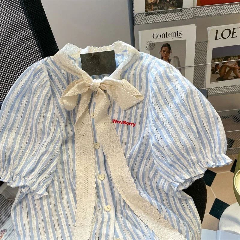 EBAIHUI French Lace Patchwork Bow Design Women's Shirt Summer Cute Striped Ladies Blouse Casual Versatile Puff Sleeve Blusas