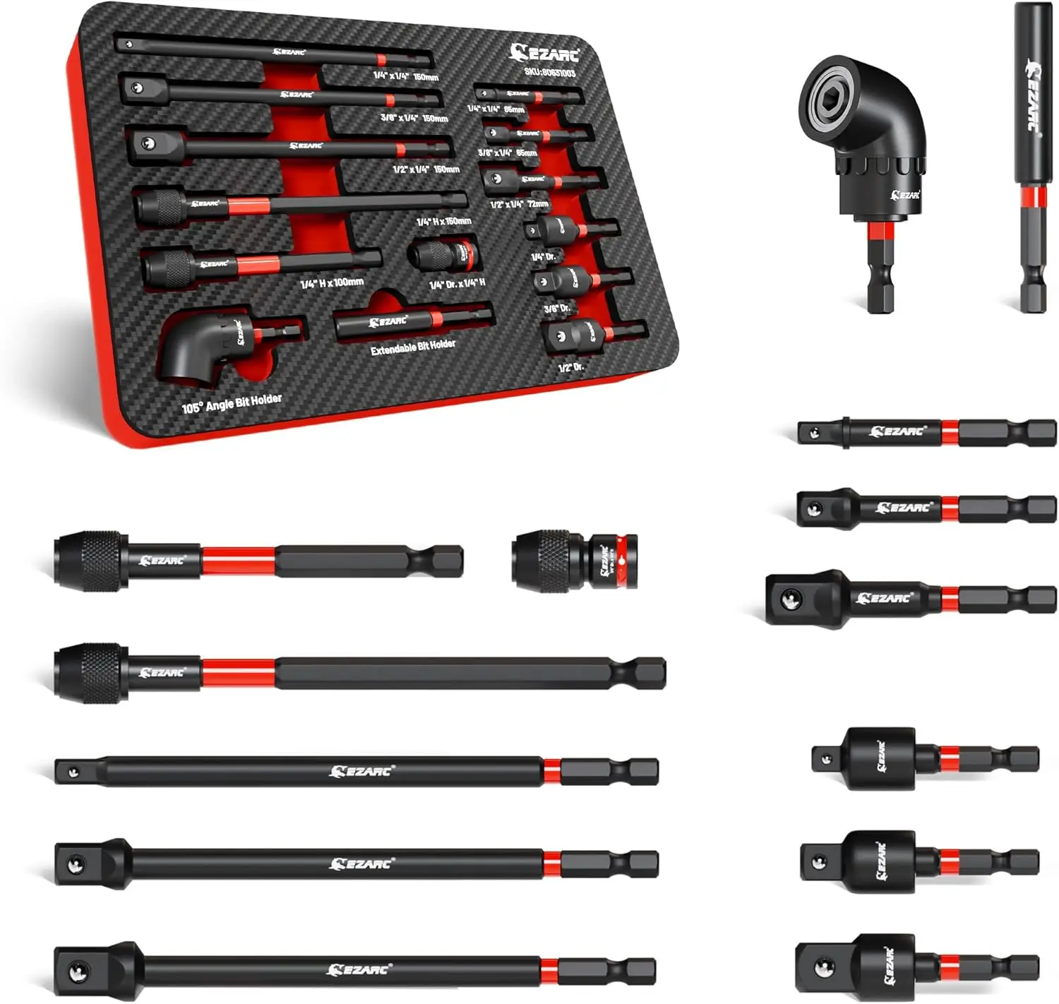 

14PC Impact Socket Adapter Set, 1/4', 3/8', 1/2' Square Drive, Quick-Release & Magnetic Drill Extensions, Swivel & Right Angle A