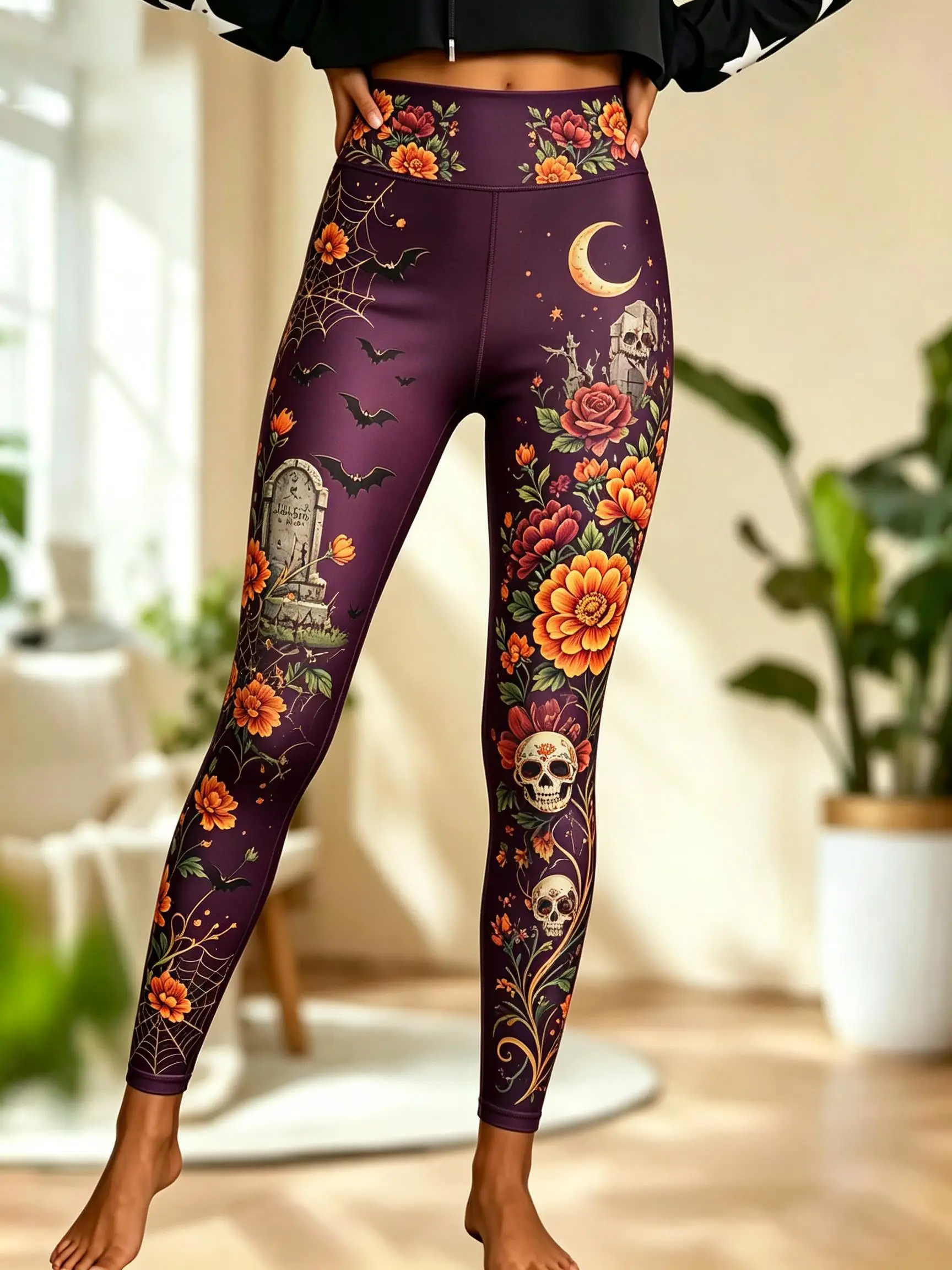 Women Fleece‑lined Mid‑rise Leggings Gothic Castle Owl Bat Print Slim Stretch Pants Halloween Casual Trousers - view 2