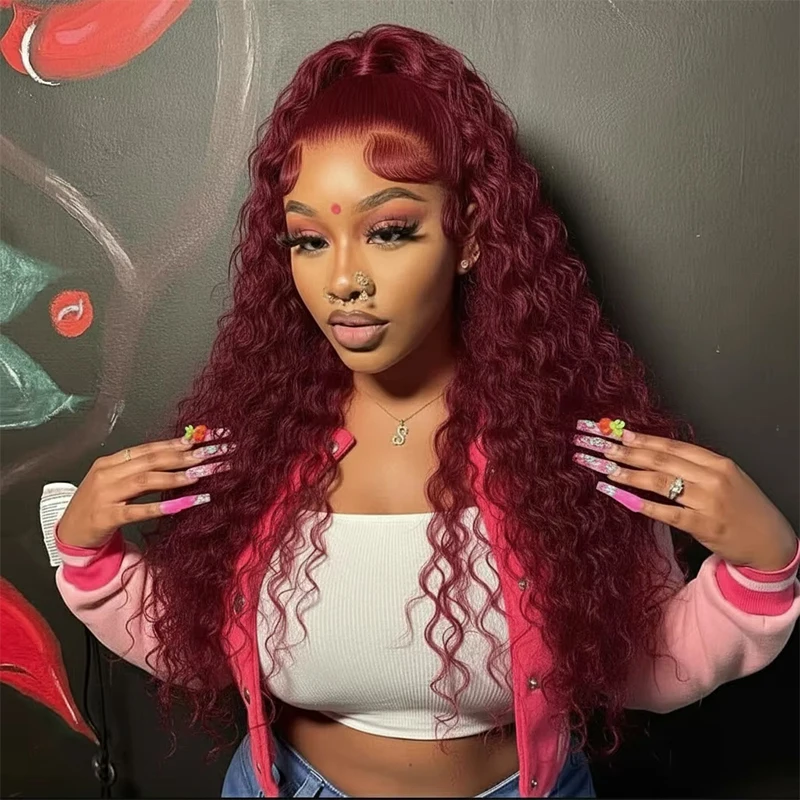 

46-дюймовый бордовый кудрявый парик 99J, 13x4 HD кружевной фронтальный парик из натуральных волос для женщин, красный цвет, 13x6 прозрачный кружевной фронтальный парик с глубокими волнами