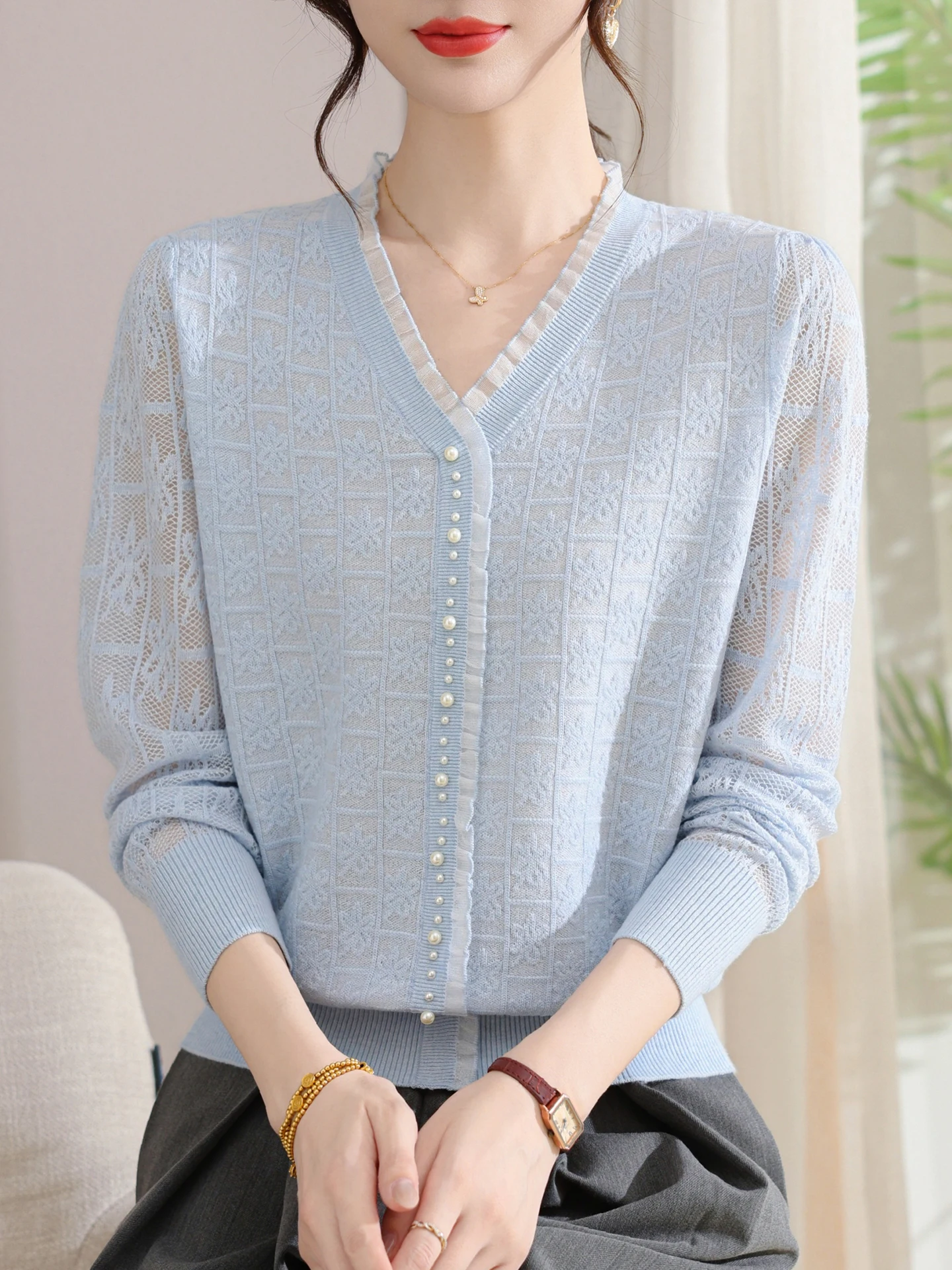 

Тонкий вязаный топ-пуловер свободного кроя с V-образным вырезом для молодых мам и женщин среднего возраста, весенняя мода, полиэстер