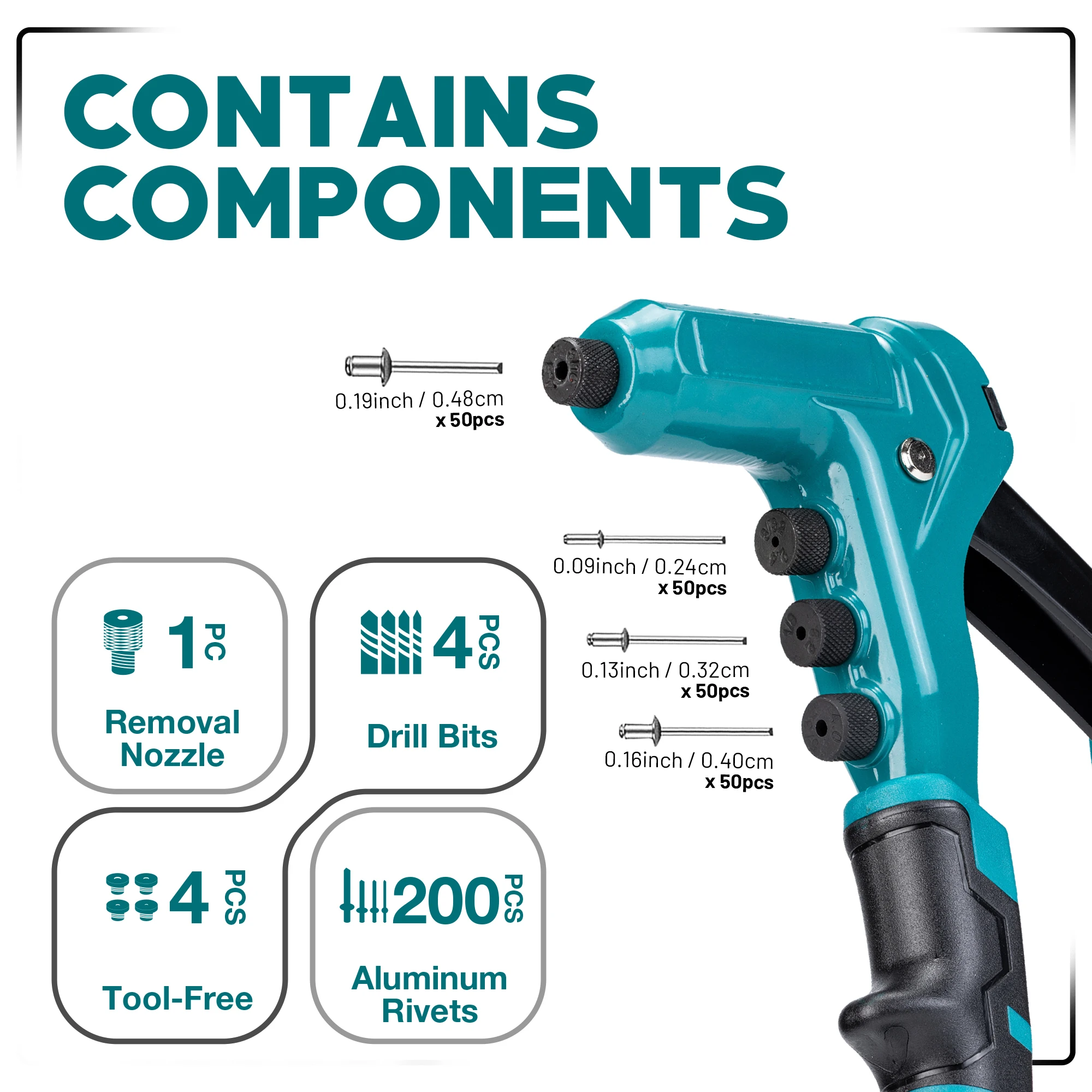 Rivet Gun Kit for Metalworking One-Handed Professional Hand Riveter Manual Riveting Tool with 200 Rivets  4 Drill Bits 4 Heads